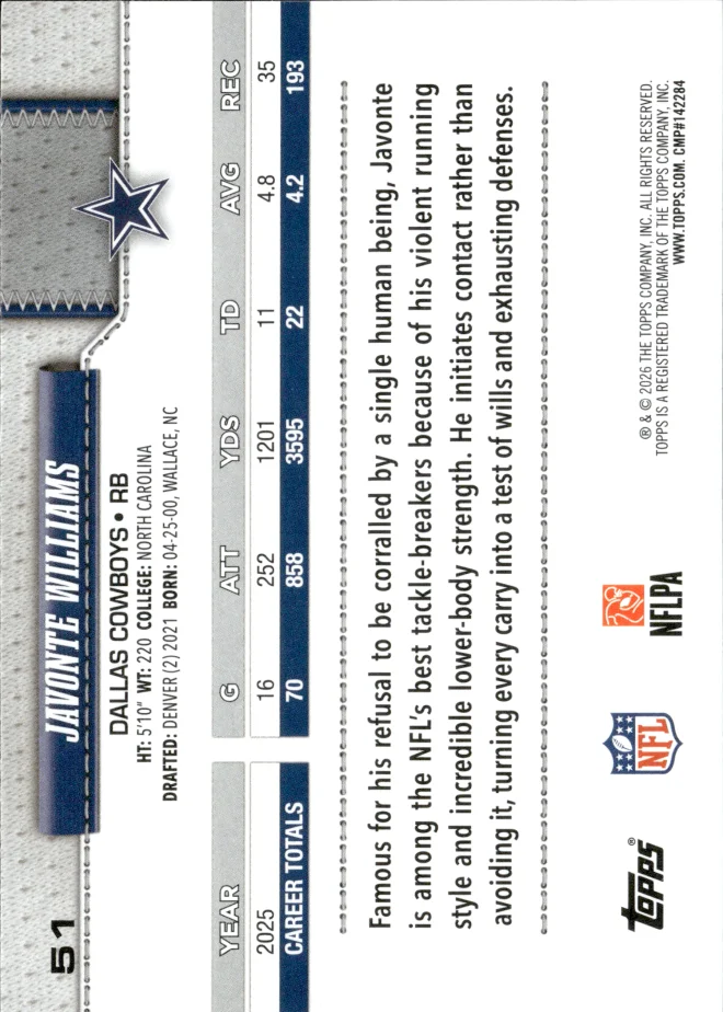 Javonte Williams card back
