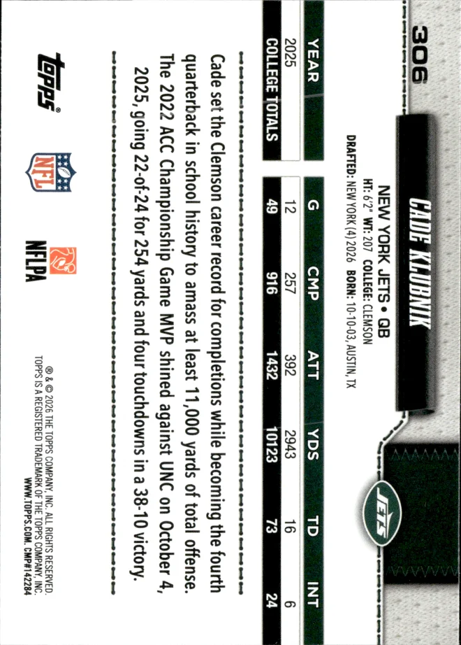 Cade Klubnik card back
