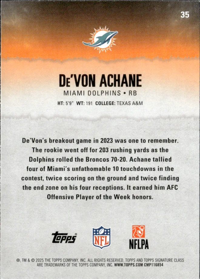 De'Von Achane card back