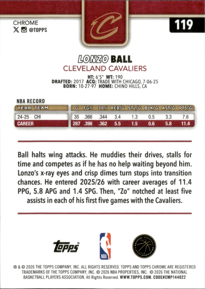 Lonzo Ball card back