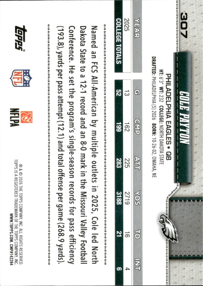 Cole Payton card back