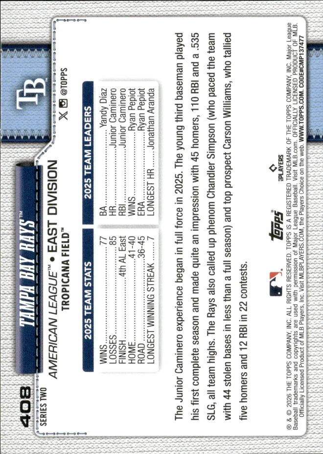 Tampa Bay Rays card back