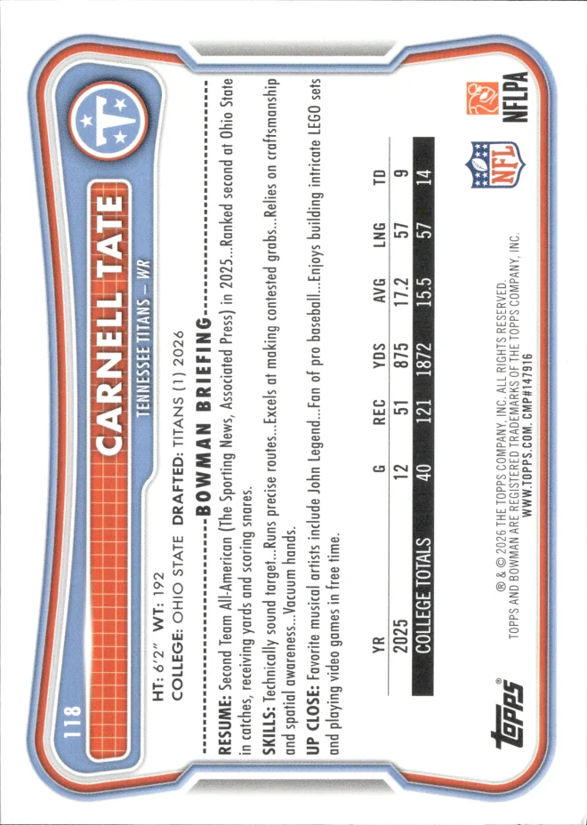 Carnell Tate card back