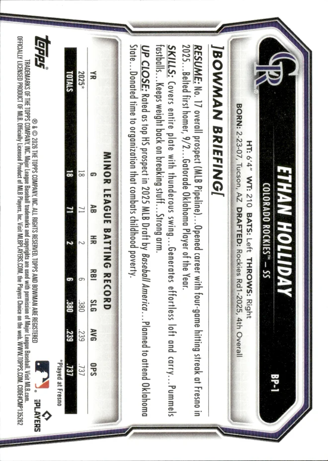 Ethan Holliday card back