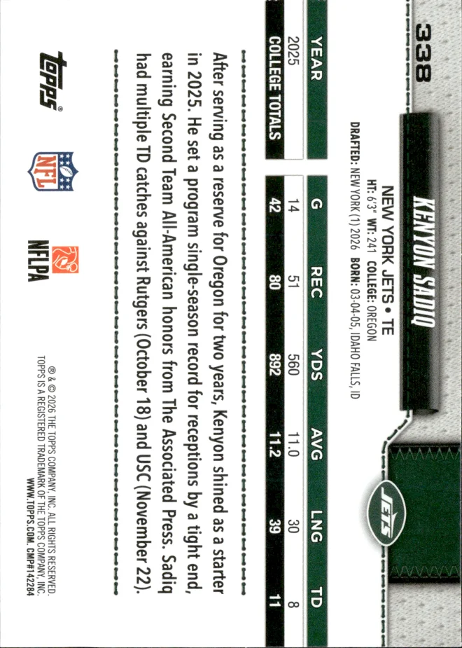 Kenyon Sadiq card back