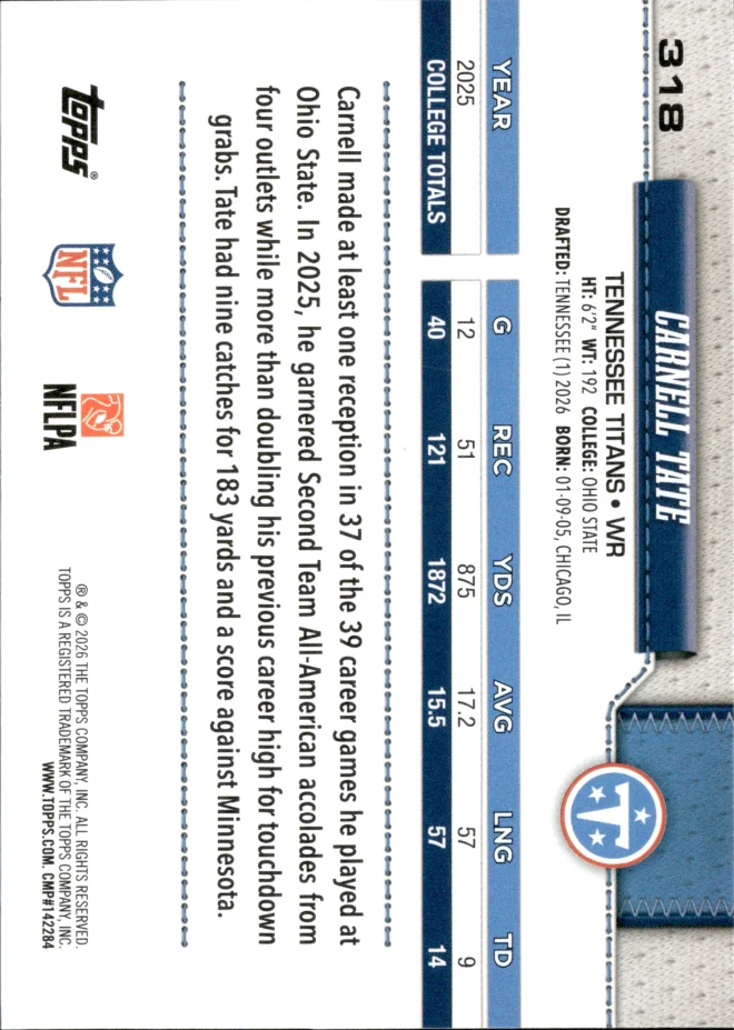 Carnell Tate card back