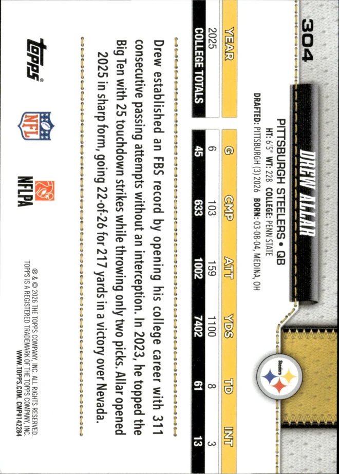 Drew Allar card back