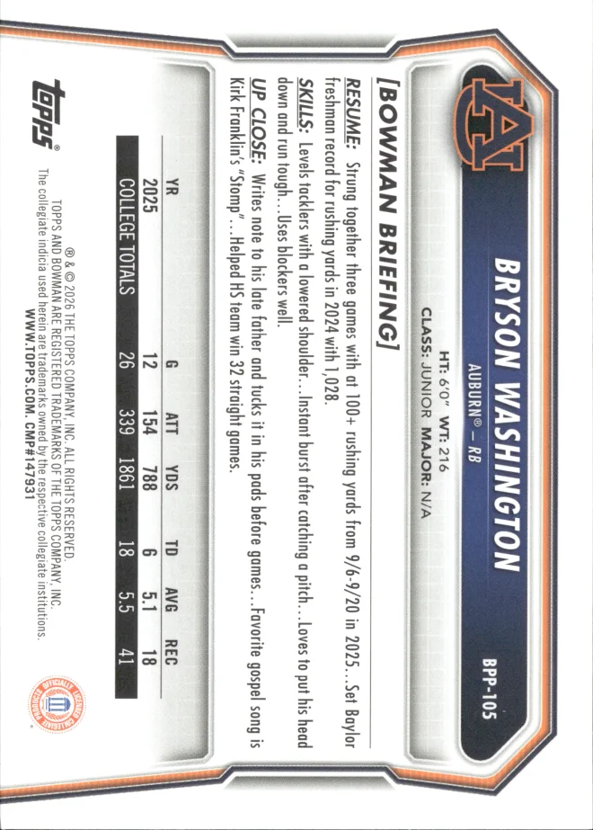Bryson Washington card back