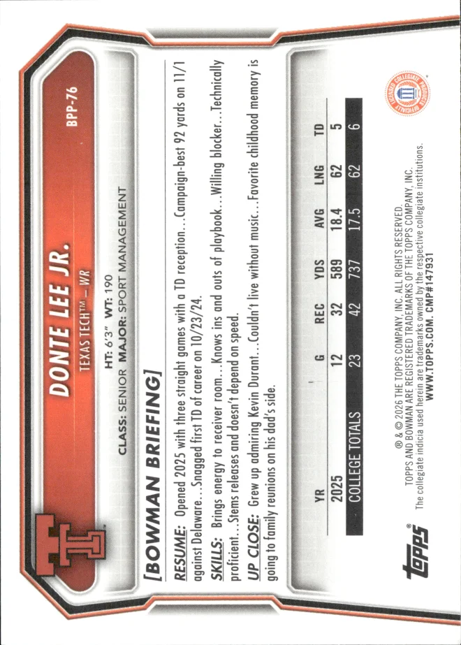 Donte Lee Jr. card back