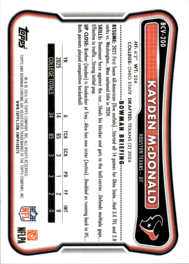 Kayden McDonald card back