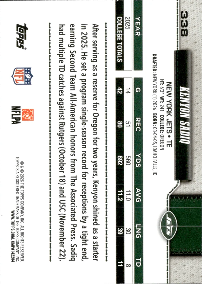 Kenyon Sadiq card back