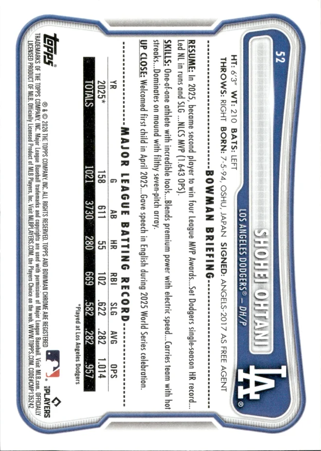 Shohei Ohtani card back