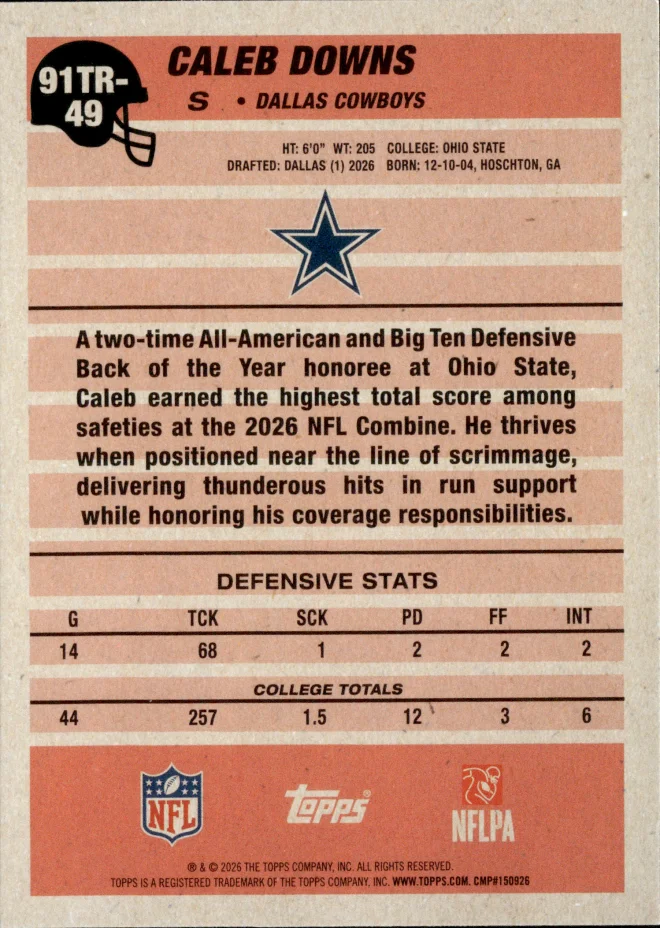 Caleb Downs card back