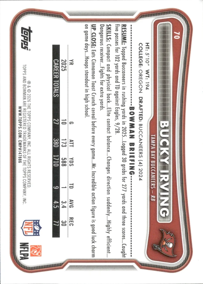 Bucky Irving card back