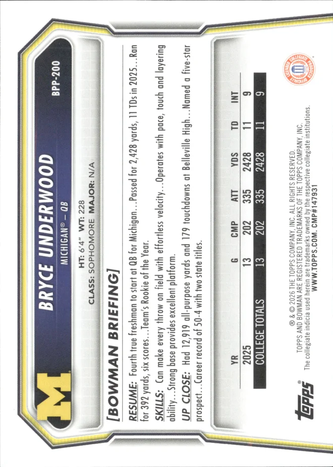 Bryce Underwood card back
