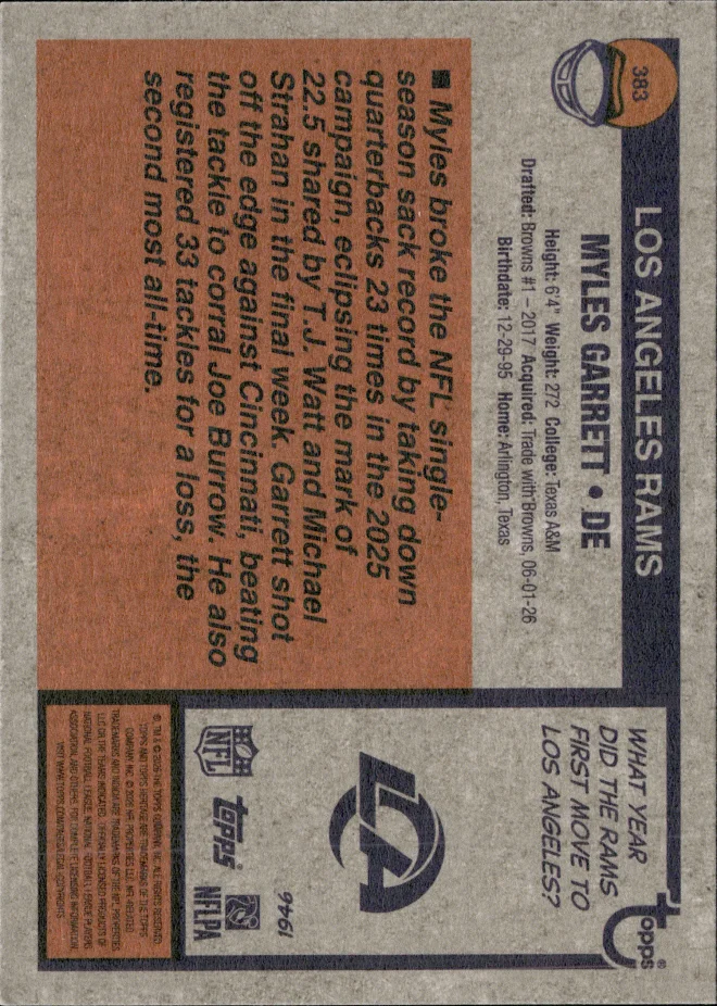 Myles Garrett card back