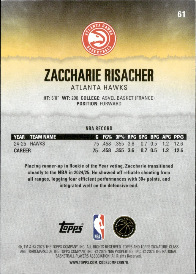 Zaccharie Risacher card back