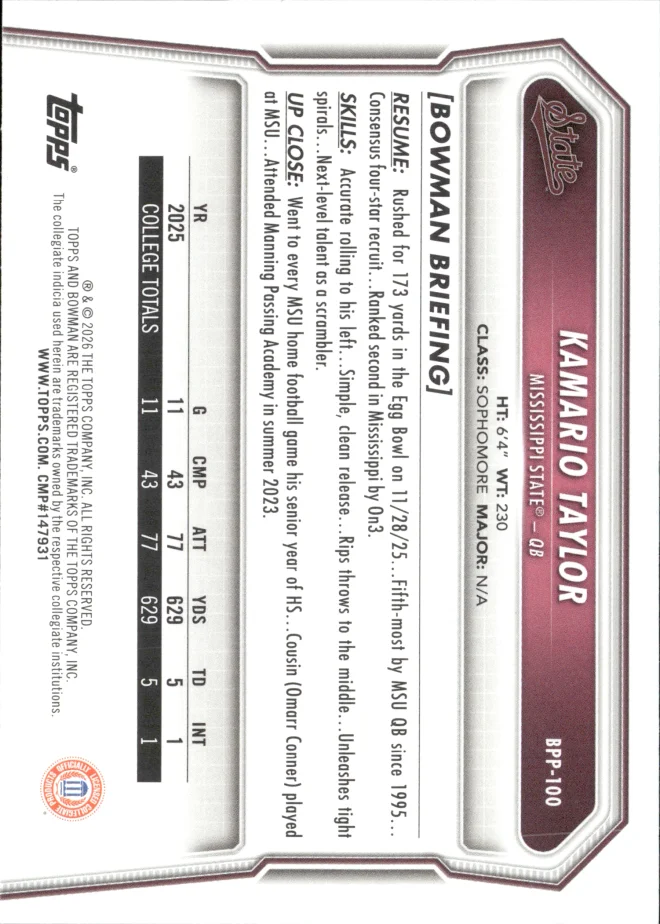Kamario Taylor card back