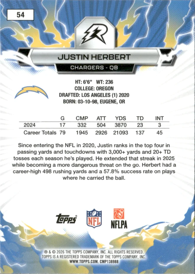 Justin Herbert card back