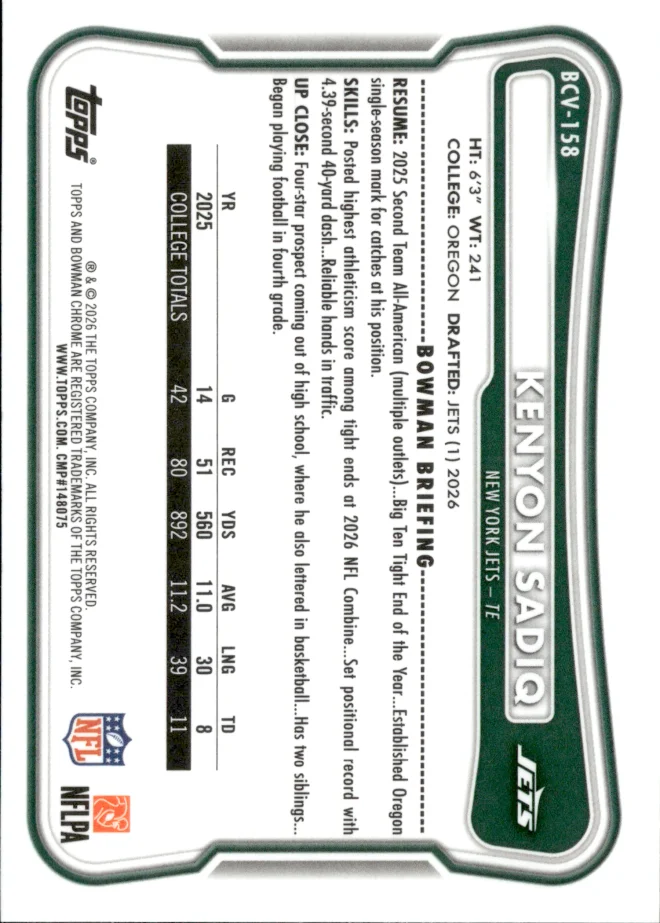Kenyon Sadiq card back