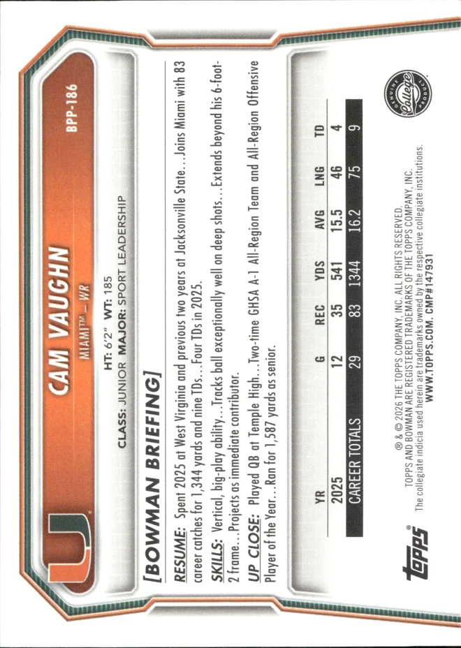 Cam Vaughn card back