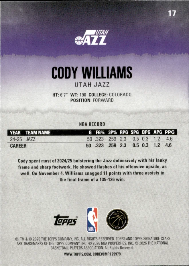 Cody Williams card back