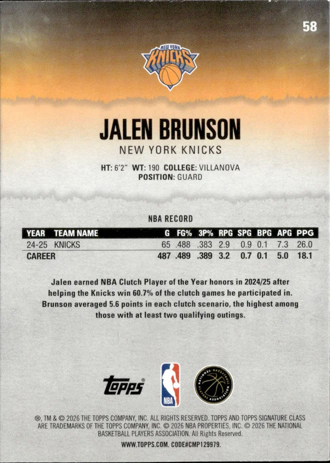 Jalen Brunson card back