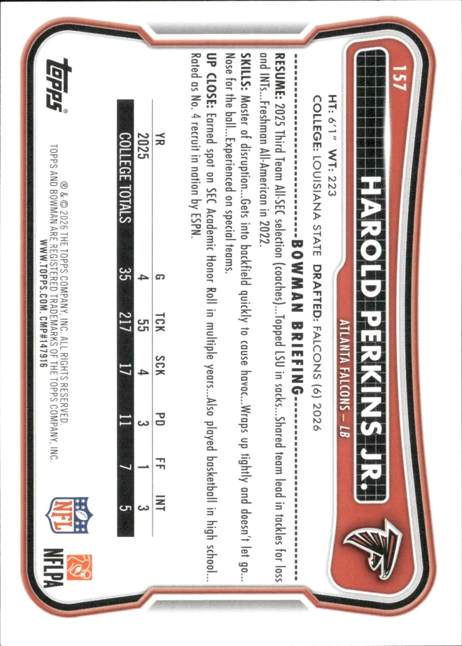 Harold Perkins Jr. card back