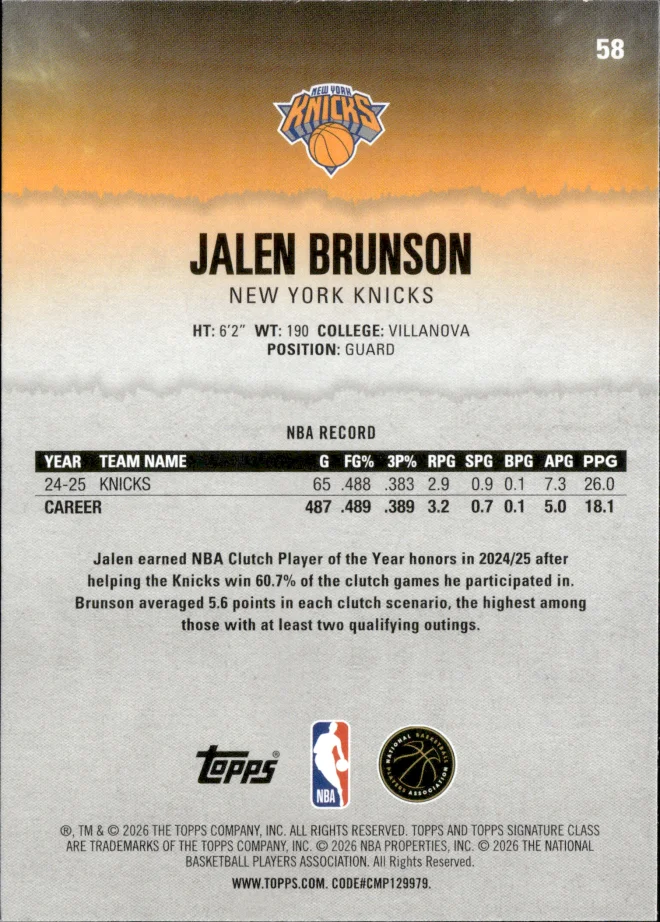 Jalen Brunson card back