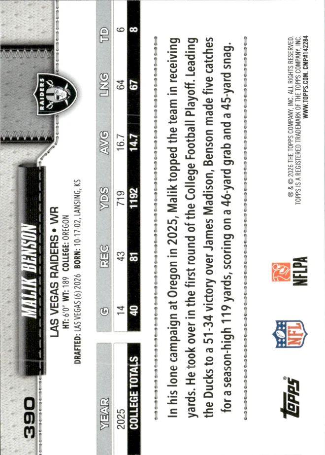 Malik Benson card back