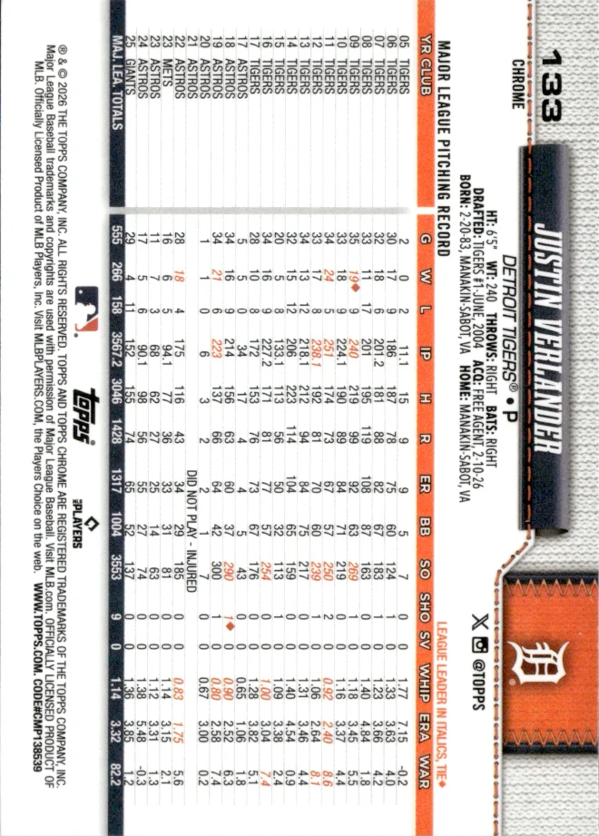 Justin Verlander card back
