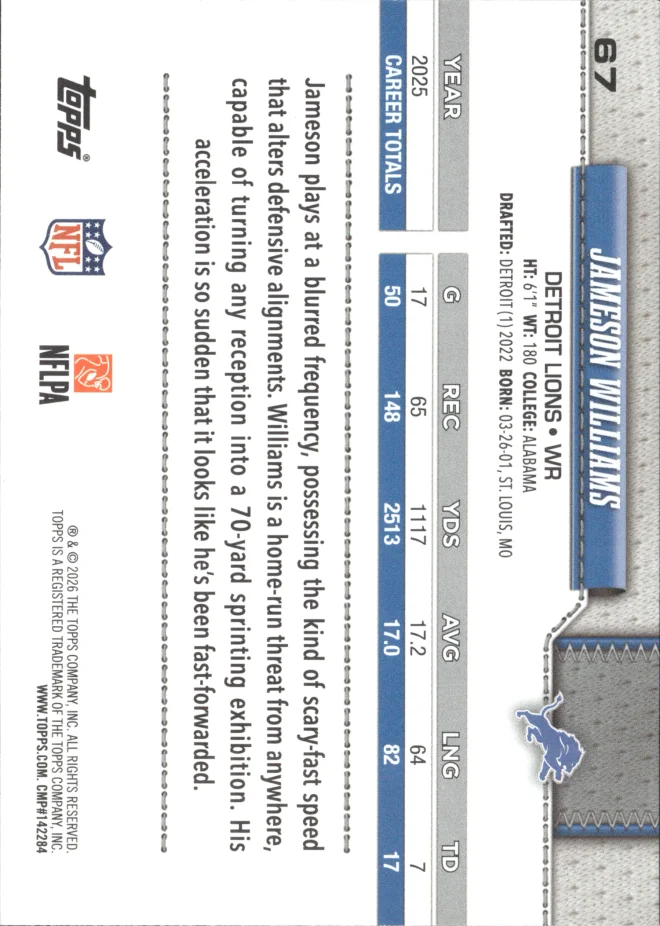 Jameson Williams card back