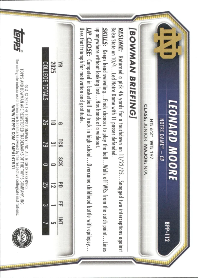 Leonard Moore card back