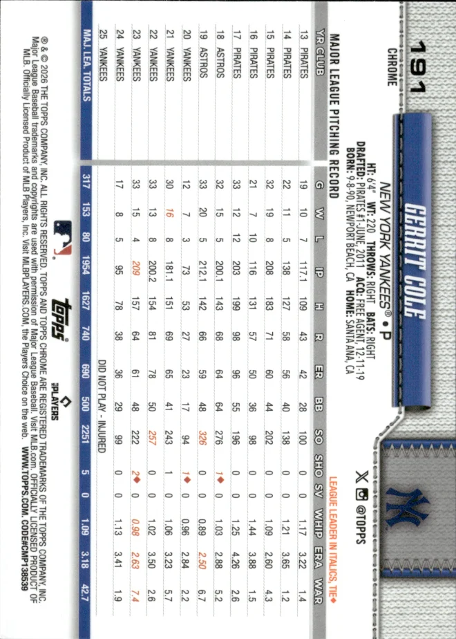 Gerrit Cole card back
