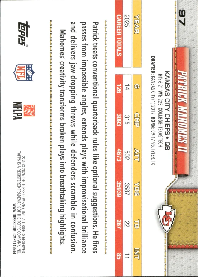 Patrick Mahomes II card back
