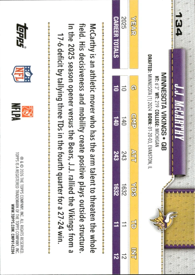J.J. McCarthy card back