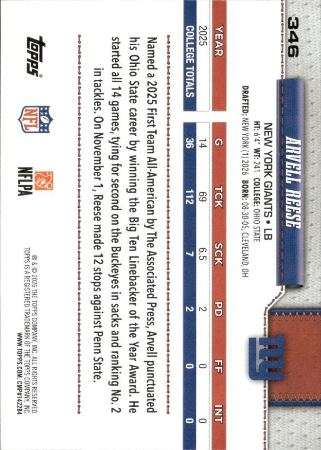Arvell Reese card back