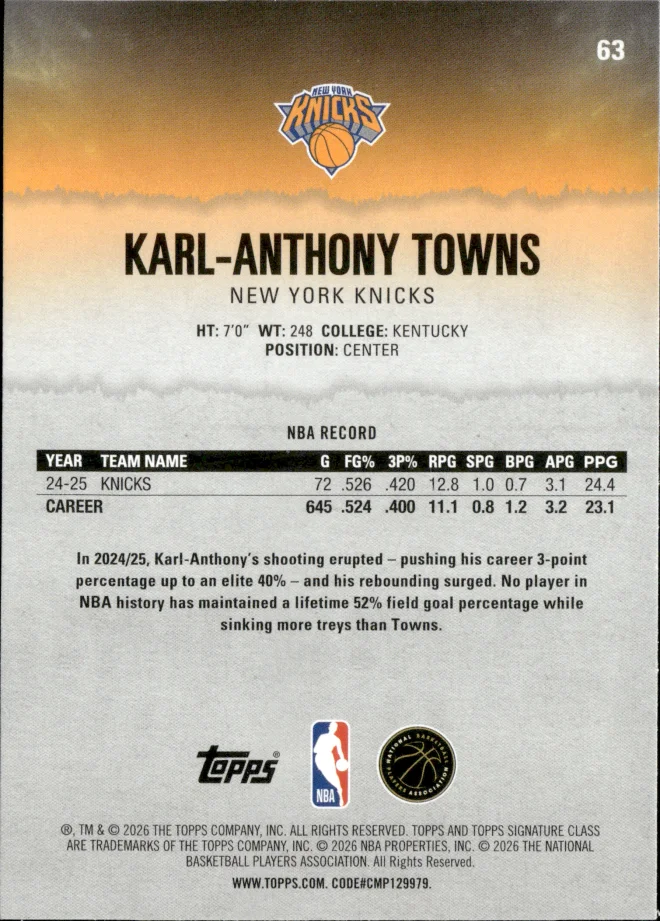 Karl-Anthony Towns card back