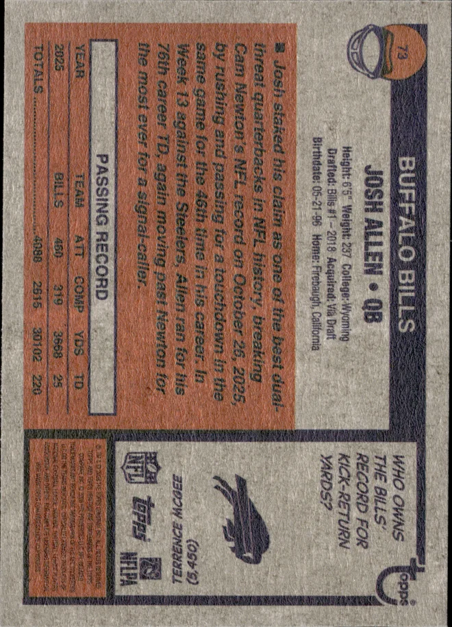 Josh Allen card back