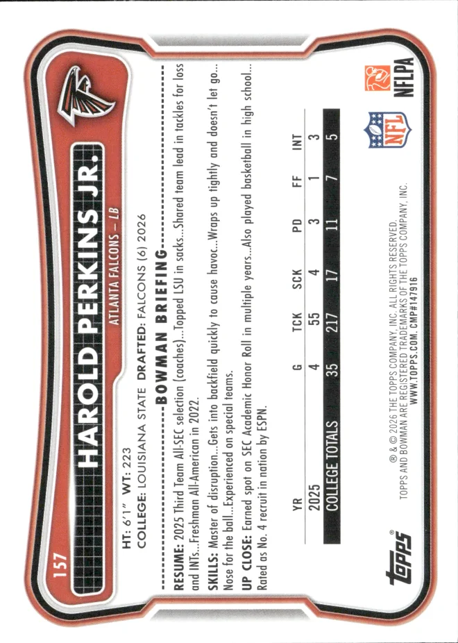Harold Perkins Jr. card back