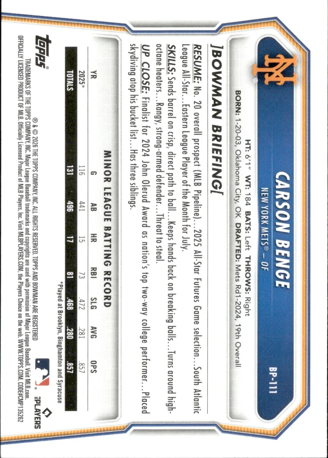 Carson Benge card back