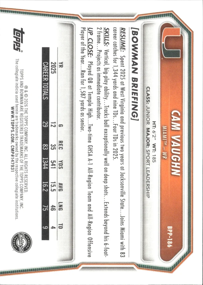 Cam Vaughn card back