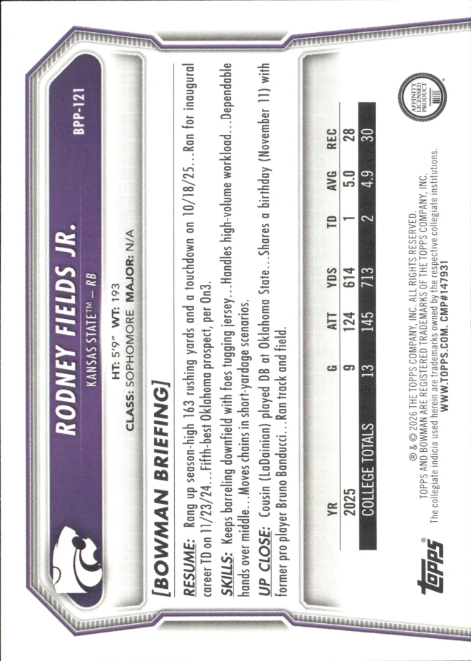 Rodney Fields Jr. card back