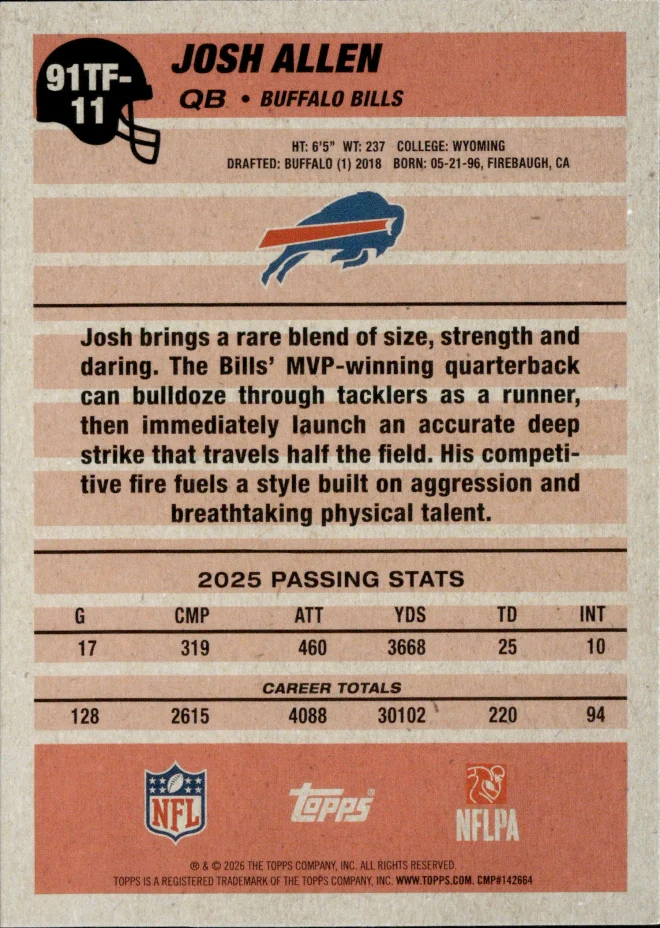 Josh Allen card back