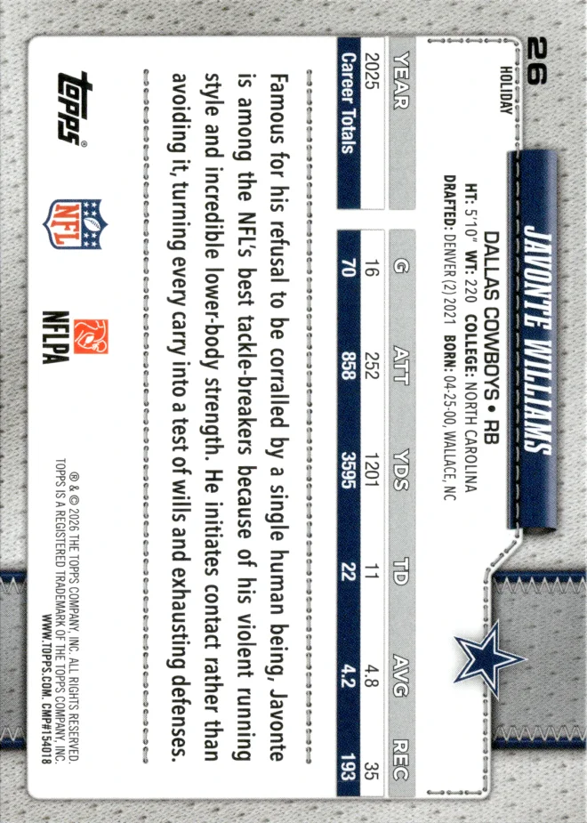 Javonte Williams card back