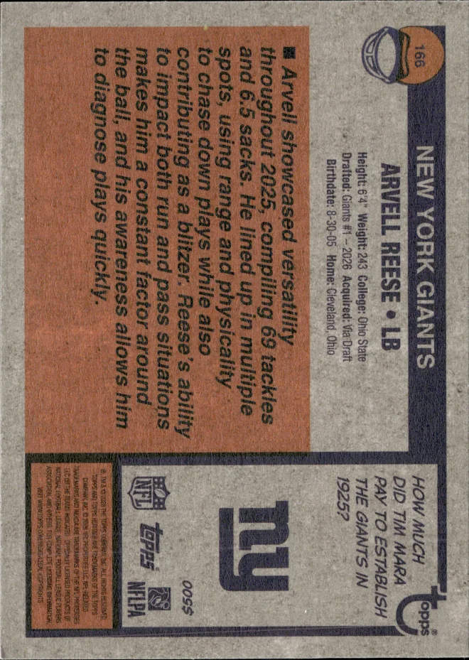 Arvell Reese card back