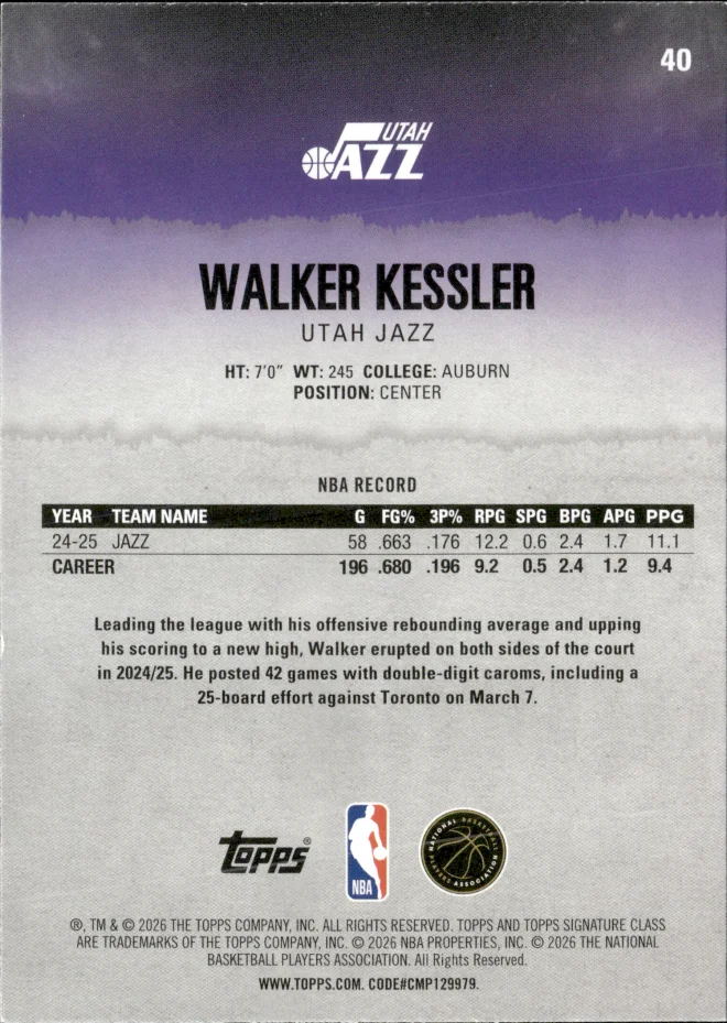 Walker Kessler card back