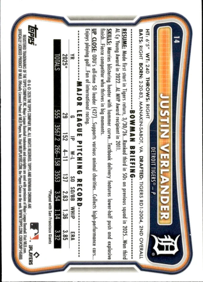 Justin Verlander card back
