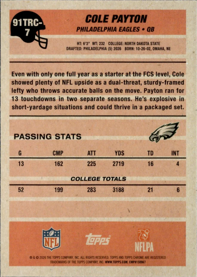 Cole Payton card back