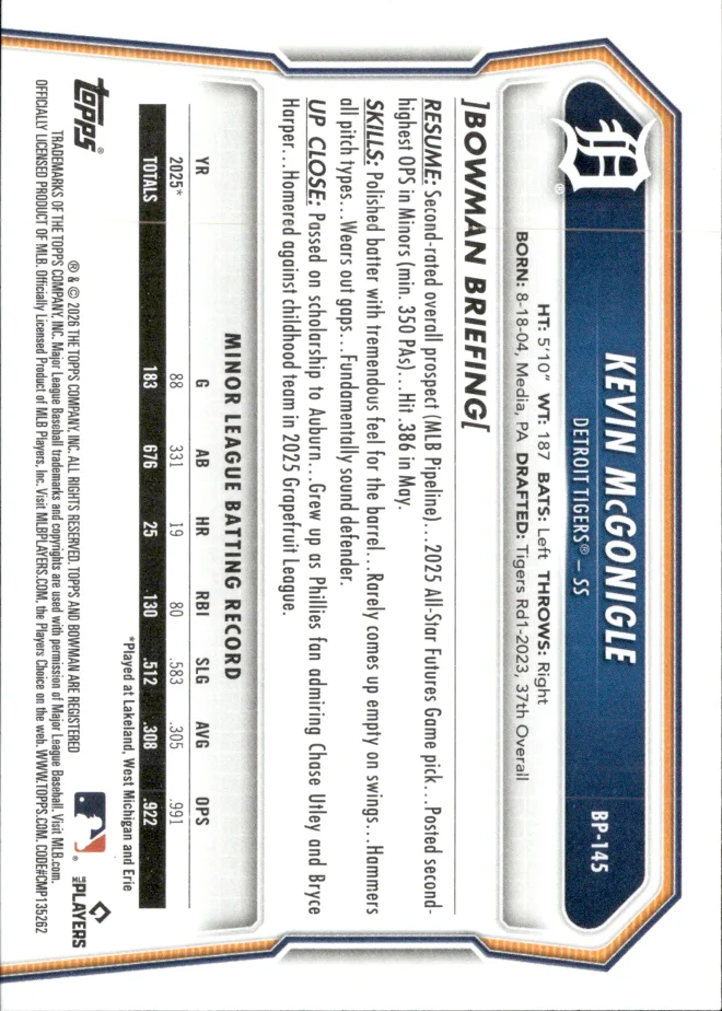 Kevin McGonigle card back